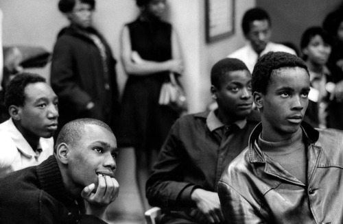 High school students listen to a Black Panther speech, 1969. By Hiroji Kubota